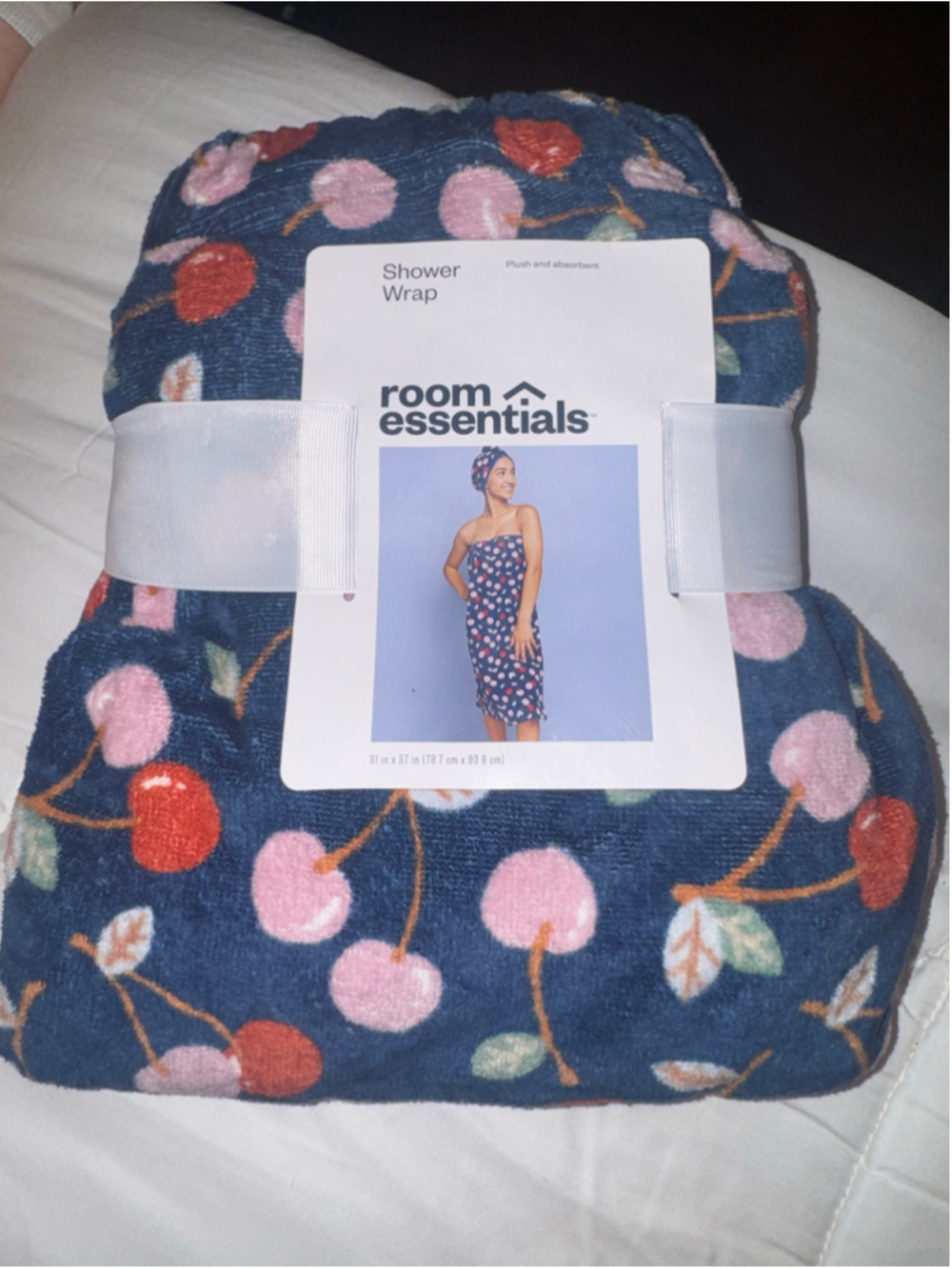 Women's Room Essentials Cherry Print Shower Wrap One Size Blue Pink